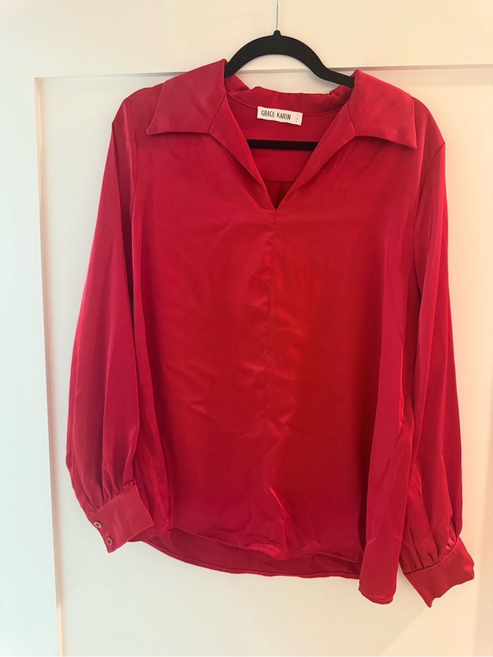 Grace Karin Vibrant Red Collared V-Neck Long Sleeve Blouse